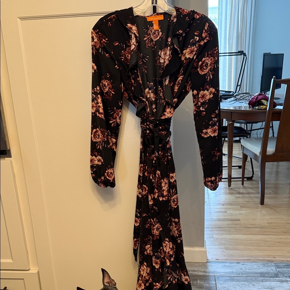 Ruffle Wrap Around Floral Black and Pink  Dress